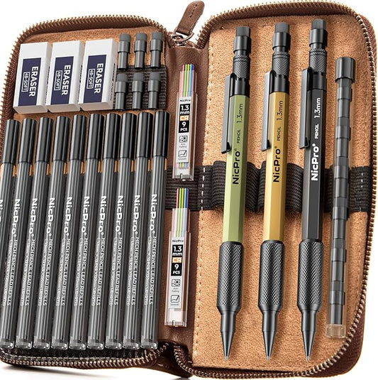Nicpro 21PCS 1.3 mm Mechanical Pencil Set in Leather Bag with 138 Leads | 3 Erasers, Eraser Refills Weatherproof Metal Barrel, Heavy Duty Carpenter Pencil for Outdoor Marking Drawing Woodworkin