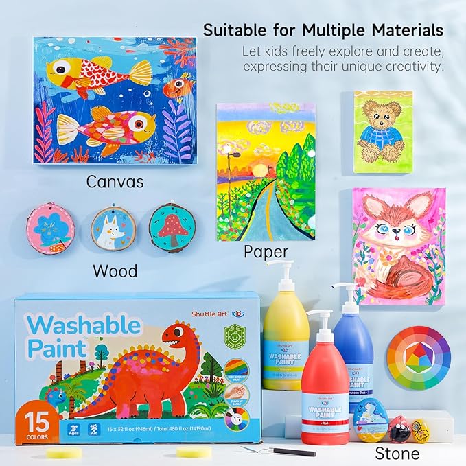 Shuttle Art 15 Colors Washable Paint for Kids, 32 oz Bulk Tempera Paint with Pump, Non-Toxic Kids Washable Paint for Art and Crafts, School & Home Must Haves