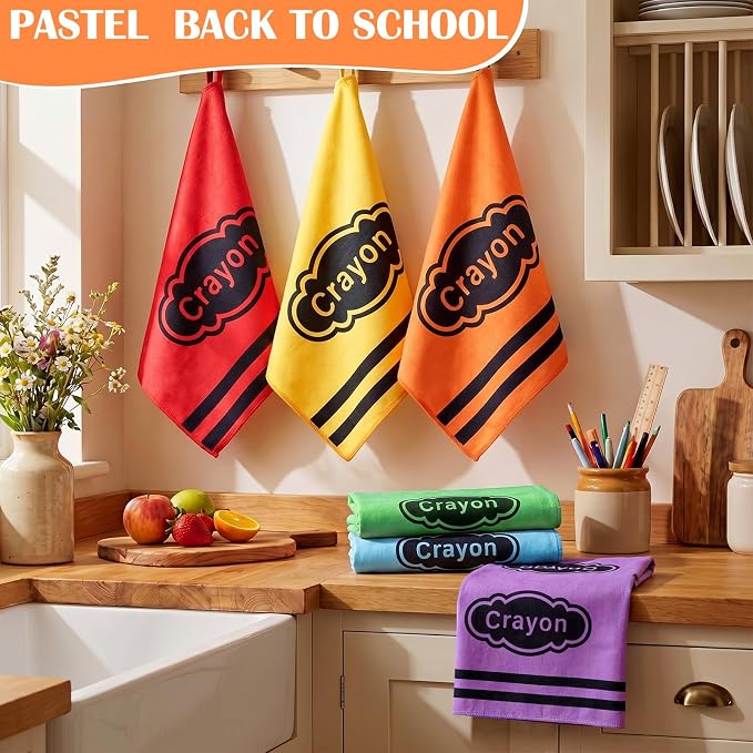 Frienda 6 Pcs Back to School Teacher Gift Kitchen Dish Towels 16x24'' First Day of School Classroom Decor Crayon Pencil Composition Notebook Decorative Hand Towel for Classroom Party Favor (Crayon)