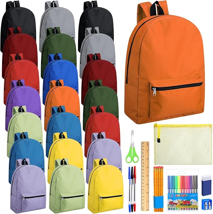 Silkfly Multicolor 24 Pack 17'' Backpacks Bulk with 24 Stationery Supply Sets, Bookbags and Writing Accessories Kit for Donation