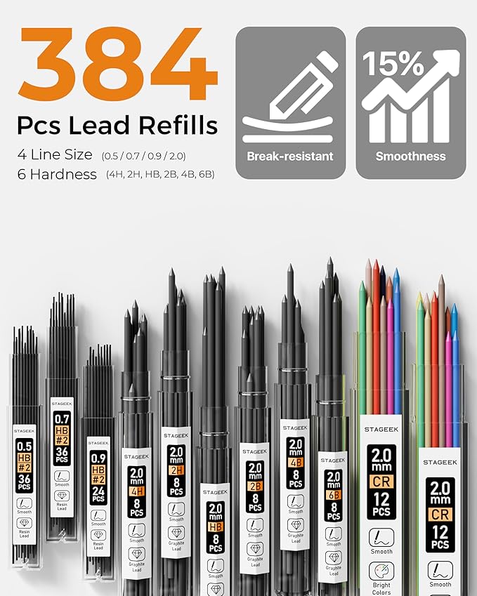 STAGEEK Mechanical Pencil Set with Case 34 Count, Drawing Pencils 0.5, 0.7, 0.9MM & 3PCS 2MM Sketching Pencils with 384PCS Lead Refills (6B 4B 2B HB 2H 4H Color) for Artist Drafting Drawing Writing