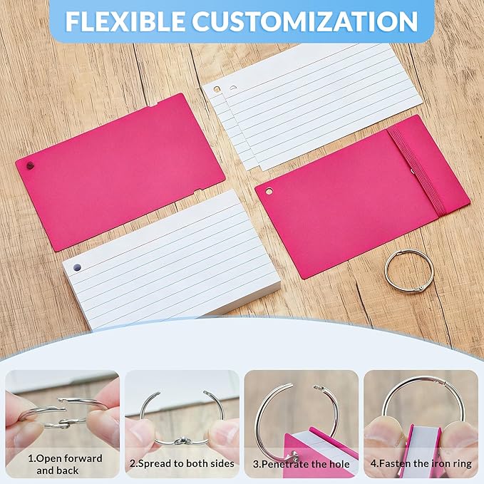 NEEWAY Ruled Index Cards with Ring 3x5 Inches, 200 Count Note Cards Lined, Flash Cards with Rings for Studying, Home and Office (Rose Red)