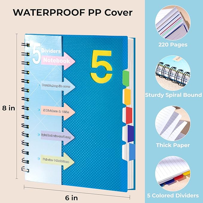 CAGIE Spiral Notebook 5x7 with Dividers 5 Subject Notebook with Tabs Wide Ruled A5 Spiral Bound Journal for Note Taking Work School Supplies, 220 Pages, Blue
