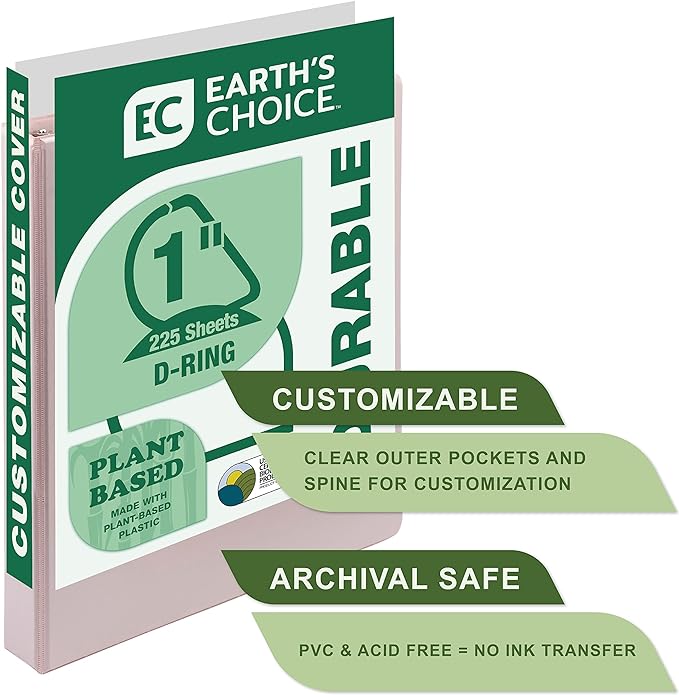 Samsill Plant Based Durable D-Ring Binders – 1 Inch 3 Ring Binder with 225 Sheet Capacity, Eco Friendly School and Office Supplies (4-Pack, Boho)