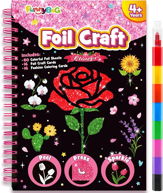 FUNNYB&G Foil Art Craft Kit for Girls 4-10 Years Old: Mess-Free & No-Glue, Create 16 Sparkly Flower Pictures – Perfect Travel Toy & Birthday Gift for Kids(Flower)