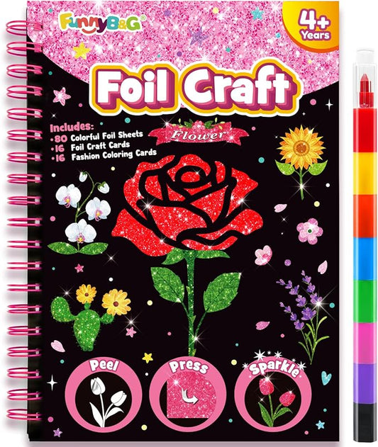 FUNNYB&G Foil Art Craft Kit for Girls 4-10 Years Old: Mess-Free & No-Glue, Create 16 Sparkly Flower Pictures – Perfect Travel Toy & Birthday Gift for Kids(Flower)
