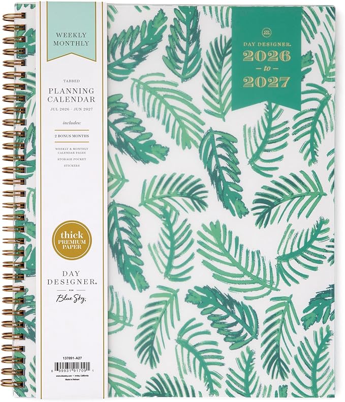 Blue Sky Day Designer 2026-2027 Weekly and Monthly Academic Year Planner Calendar, July 2026 - June 2027, 8.5" x 11", Flexible Cover, Laminated Tabs, Storage Pocket, Includes Stickers, Palms