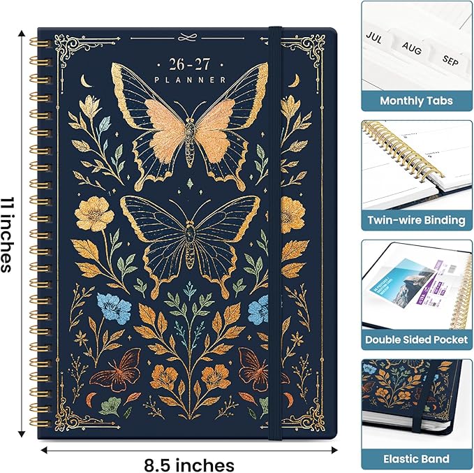 Planner 2026-2027, Academic Year Weekly and Monthly Calender Planner, from Jul 2026 - Jun 2027, Spiral Bound School Planning Book, Perfect for Teacher, Student, Women & Men, A4 (8.5" x 11"), Golden Butterfly