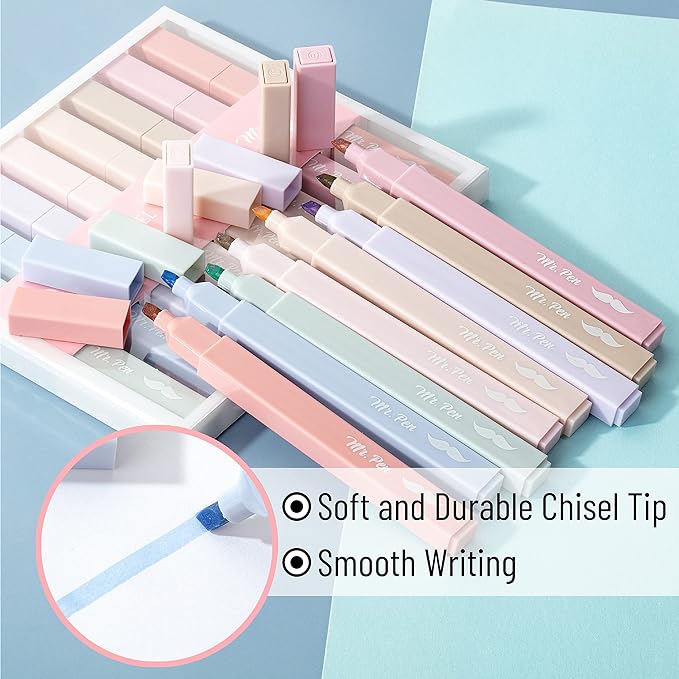 Mr. Pen- Aesthetic Highlighters No Bleed, 8 Pack, Muted Pastel Color, Chisel Tip, Cute Highlighters Assorted Colors for Journaling, Highlighting, Underlining, Fast Dry, Back to School Supplies