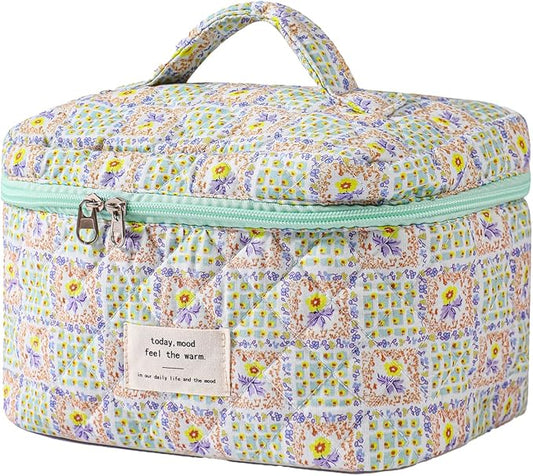 uekeboag Large Travel Quilted Makeup Bag for Women | Soft Floral Cotton Cosmetic Bag, Foldable Coquette Aesthetic Toiletry Organizer