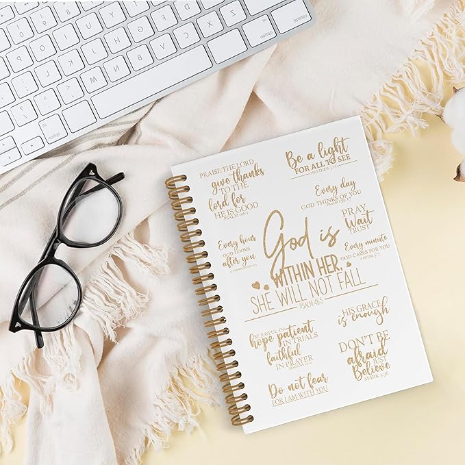 QLMX Gold Christian Gifts for Women Spiral Notebook, God Is Within Her She Will Not Fall Journal Notebook, Inspirational Religious Notebooks for School Work, Bible Verse Office Supplies Gifts, 5.5x8.3