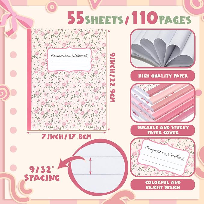 Fullhawl 6 Pack Composition Notebook College Ruled Bulk Pink Bow Composition Notebook Preppy Aesthetic for Back to School Supplies 110 Pages 9-3/4 x 7-1/2" Cute Journal for First Day of School Office