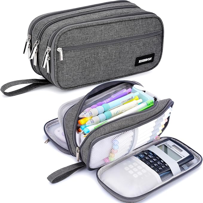 Pencil Case Large Capacity, 3 Compartment Gray Big Pen Pouch with Zipper | Durable Stationery Organizer, Portable Marker Pen Bag for Teens, College and High School Students, Adults and Teachers