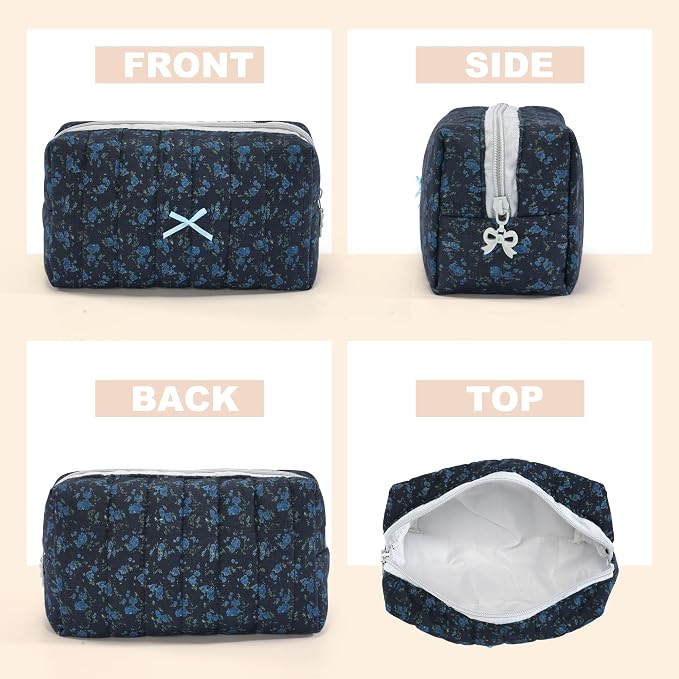 Makeup Bag Travel Toiletry Bag for Women, Small Cosmetic Bags Aesthetic Organizer Quilted Cotton Makeup Pouch&Purse Emergency Bag Floral Pencil Case Accessory Bag, Midnight Blue