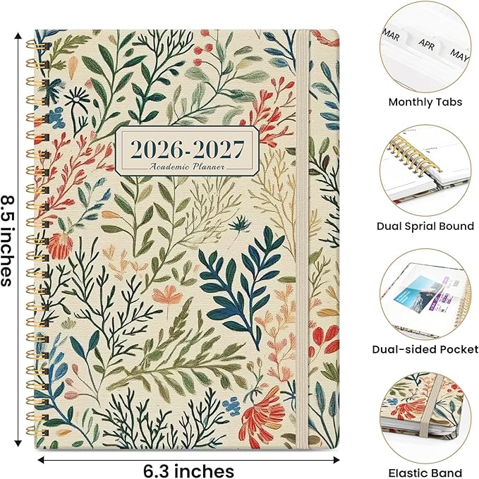 Planner 2026-2027, Monthly and Weekly Academic Planner July 2026 - June 2027, Hardcover Student Teacher Planning Agenda Calendar Book with Tabs, Perfect for Office School Supplies, A5 (6.3" x 8.5") - Herbs