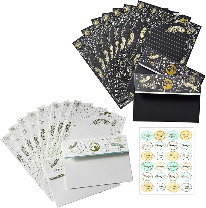 A5 Small Gold Foil Lined Stationary Paper and Envelopes Set,16 Sheets Black White Feather Lined Letter Writing Paper Cute Stationery Paper Set,Writing Printer Paper Decorative Paper