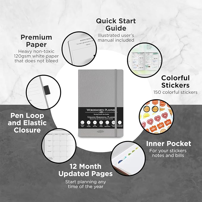 Wordsworth & Black A5 Undated Weekly, Monthly Planner, A5 Paper, Gray