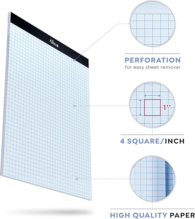 Alitte Graph Paper Pad, Pack of 12, White Letter Size - 4x4 Quad Grid Paper, Easy-Tear Perforations, 8.5 x 11 Cardboard Backing - Graph Notepads for School, Office -50 Sheets per Pad