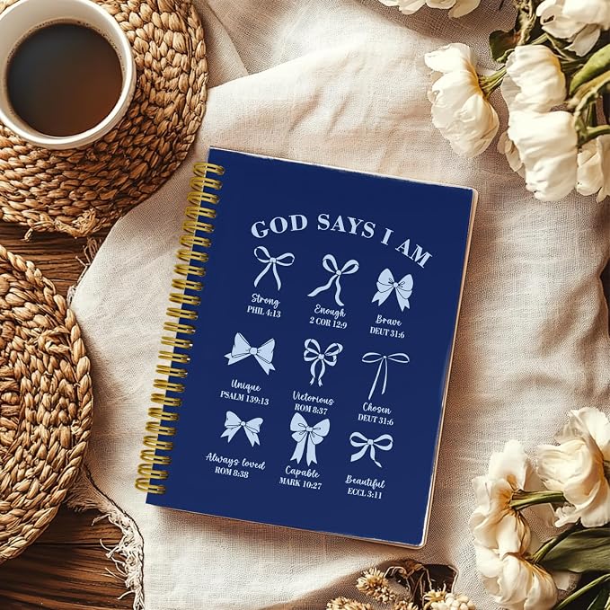 THDSE Bible Journal for Women, Christian Prayer Journal Notebook Gifts for Teen Girls Kids, Bible Study Supplies, Cute Bows Church Faith Journaling Hardcover Spiral Notebook 5.5 X 8.3(Navy Blue)