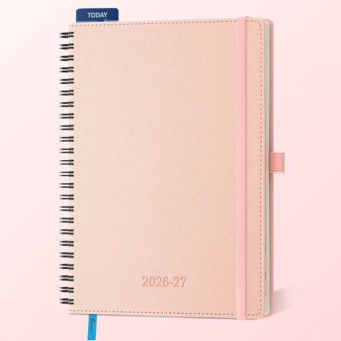 Planner 2026-2027 Daily Weekly and Monthly,8.5"x6.5",18 Months Spiral Bound Calendar Agenda with Self-adhesive Pen Holder,2026 Academic Plan with Vegan Leather Soft CoverPink