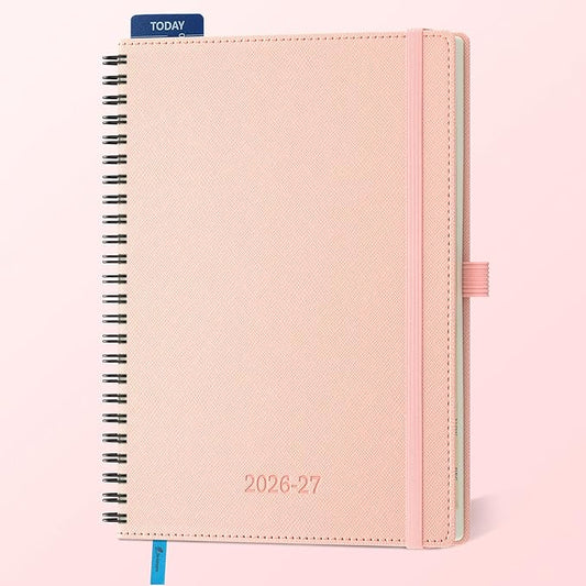 Planner 2026-2027 Daily Weekly and Monthly,8.5"x6.5",18 Months Spiral Bound Calendar Agenda with Self-adhesive Pen Holder,2026 Academic Plan with Vegan Leather Soft CoverPink