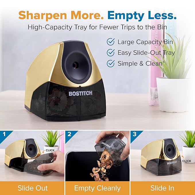 Bostitch Office Electric Pencil Sharpener for Classroom & Desk Use, Heavy-Duty Stall-Free Motor, High-Capacity Shavings Tray, Gold Chrome