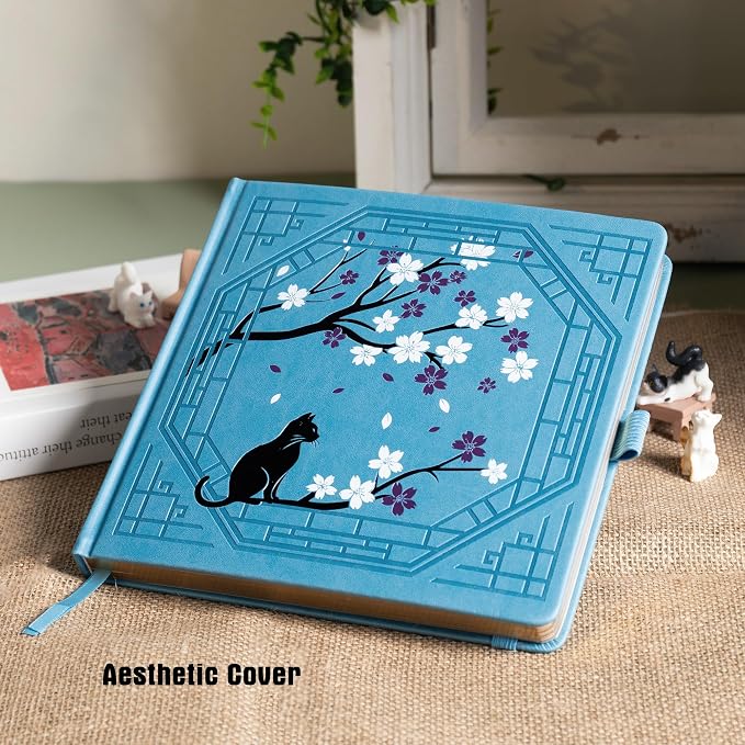 TIEFOSSI Square Dotted Journal, Cute Cat Journal for Women Girls, Dot Notebook with Pretty Sakura Pattern, Aesthetic Diary for Writing Journaling Drawing, Golden Edges, 8 x 8 IN