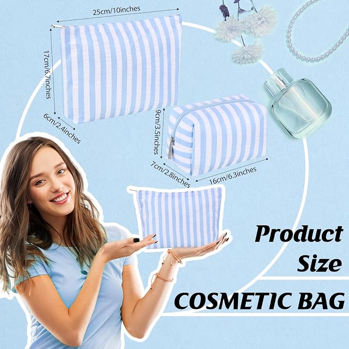 Huhumy 2 Pcs Makeup Bag Set for Women, Blue,Wide Striped Seersucker | Cute Cosmetic Pouch Women Travel Toiletry Bag Preppy Small Makeup Purse Pouch Aesthetic Skincare Brushes Storage Organizer