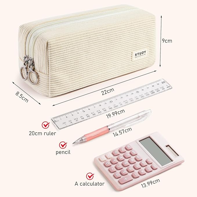 KALIDI Large Pencil Case Corduroy Pencil Pouch Box Cute School Supplies for Teen Girls Boys, Beige