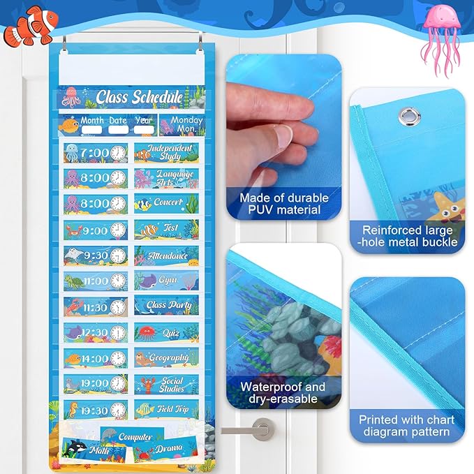 Gueevin Under the Sea Daily Schedule Pocket Chart & Card Set Include 1 Hanging Chart with 24 Pockets 2 Metal Hooks 60 Schedule & Activity Cards Reusable Calendar for Kindergarten Daycare Decor