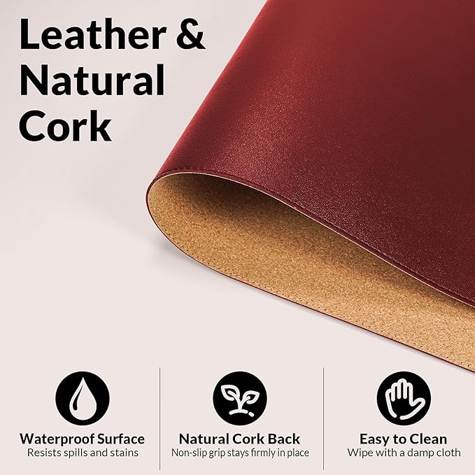 AFIING Leather Desk Pad Protector, Large Mouse Pad, Dual-Sided PU Leather & Natural Cork Desk Mat, Non-Slip Waterproof Laptop Desk Blotter for Office and Home, 23.6" x 13.7", Red