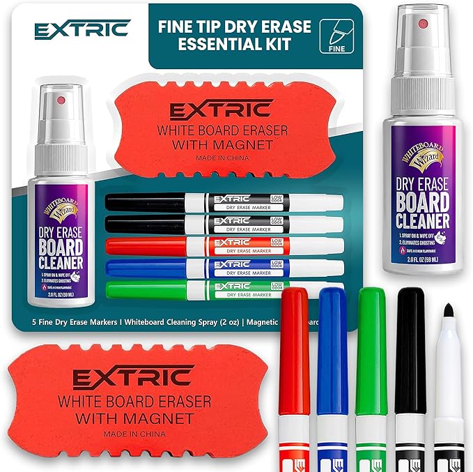 EXTRIC Fine Point Dry Erase Markers (5 Colors) – Thin Dry Erase Markers for Precise Writing Non-Toxic Whiteboard Marker Set + Magnetic Eraser & Cleaner Spray – Low Odor, No Ghosting Whiteboard Kit