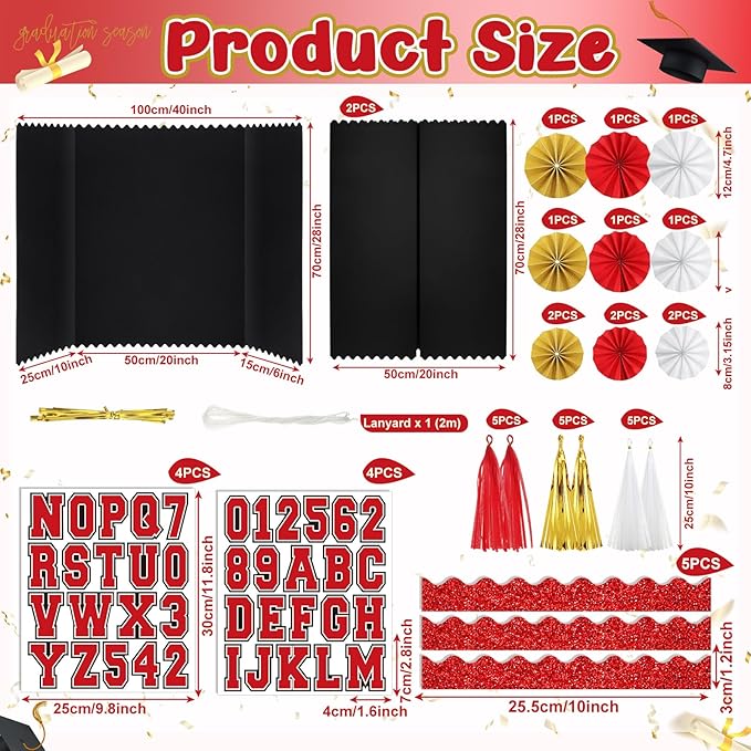 31 Pcs Graduation Photo Display Board Decoration 40"x28" Trifold Poster Board Graduation Themed Stickers Grad Fan Tassel Garland for 2026 Grad Party College Picture Frame (Red Black White)