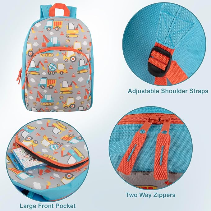 Trail maker 15 Inch Kids Backpacks for Boys & Girls | Preschool, Kindergarten, Elementary School Backpacks with Adjustable, Padded Straps (Construction Trucks)