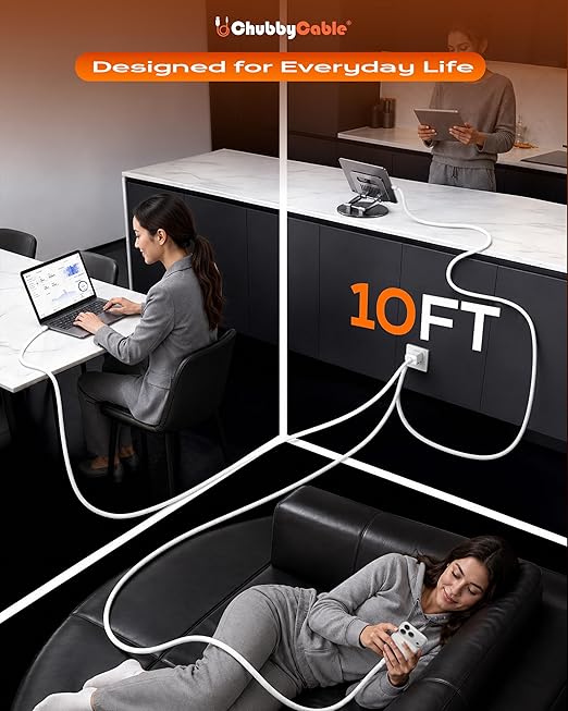 chubbycable Flex USB C to USB C Cable 240W Fast Charging Soft Braided Heavy-Duty Type C Charger 10FT for iPhone 17, MacBook Pro, Samsung Galaxy, White