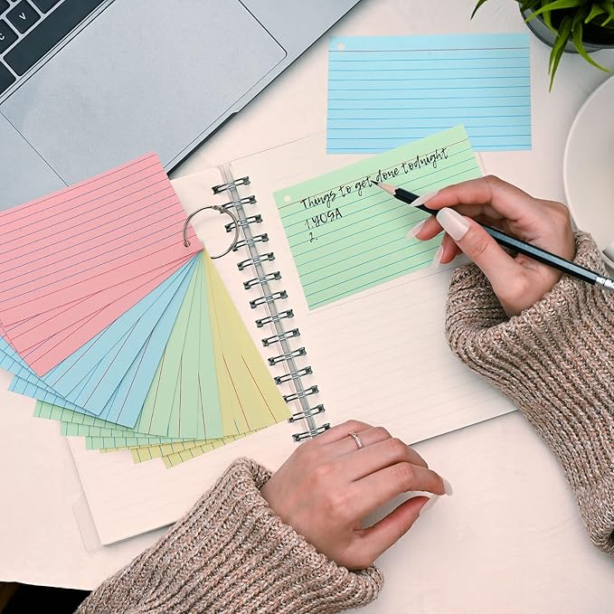 Yexiya 500 Pcs Index Cards with Rings Study Supplies Punched Lined Flash Cards with Holes Ruled Single Hole Notes and Metal Rings for Adults Office(3 x 5 Inch,Pastel Color)