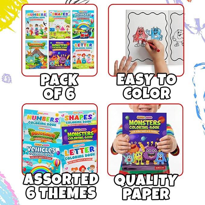 KiddieLoot Coloring Books for Kids Ages 4-8 - (Pack of 6) 8.5x11 Size Book w/Dinosaurs, Monsters, Vehicles, Alphabet, Numbers & Shapes - Kids Coloring Books Variety Set for Boys & Girls Color Gift