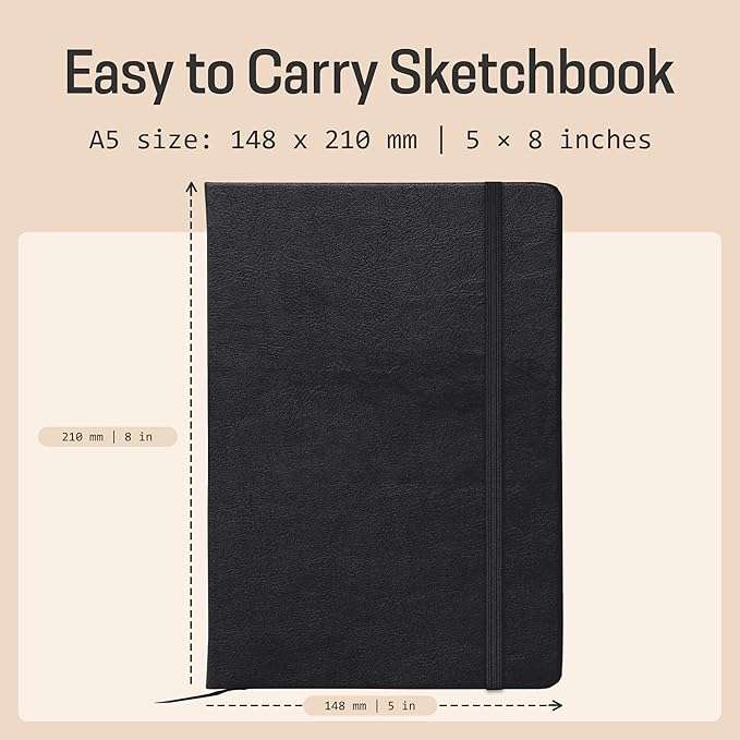 BROWNSTONE JOURNALS A5 Sketch Book Hardcover - 80 Sheets 100 GSM Paper 5"x8", Lay Flat, Vegan Leather Cover, Elastic Band, Back Pocket, Art Drawing Book (Charcoal Black)