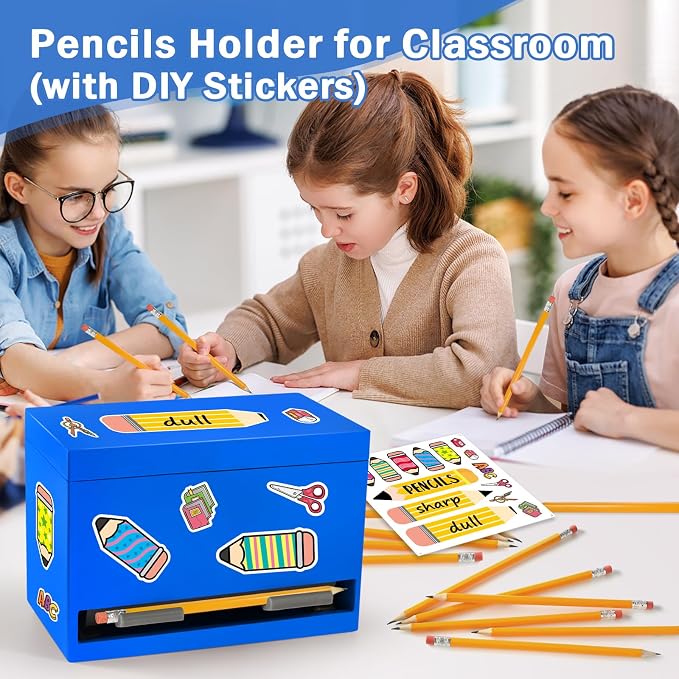Aigybobo Pencil Dispenser for Classroom, Wooden Desk Pencil Holder, Blue | Teacher Must Haves, Classroom Organization, Wooden Dispenser for Pencils or Straws, for Offices, Kitchens, Restaurants