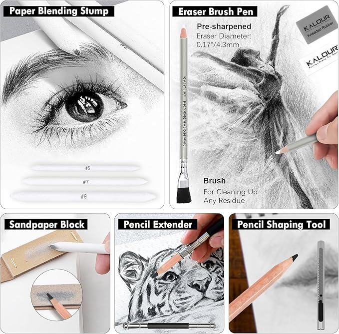 KALOUR PDAS 39pcs Drawing Pencil Set, Professional Sketch Pencils (5H-14B), Black and White Charcoal Pencils for Sketching, Eraser Brush Pen, Charcoal Sticks, Art Pencils Set for Artists & Beginners