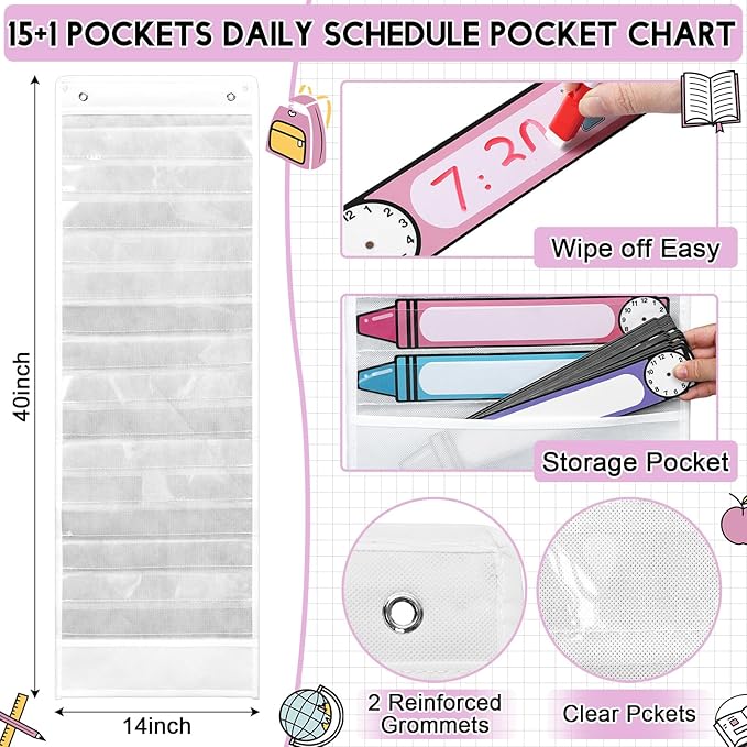 Gueevin Daily Schedule Pocket Chart for Classroom, 15+1 Pockets with 32 Pcs Double-Sided Reusable Cards Daily Schedule Pocket Chart Decor for Classroom School Home Activity Office Supplies(Crayon)