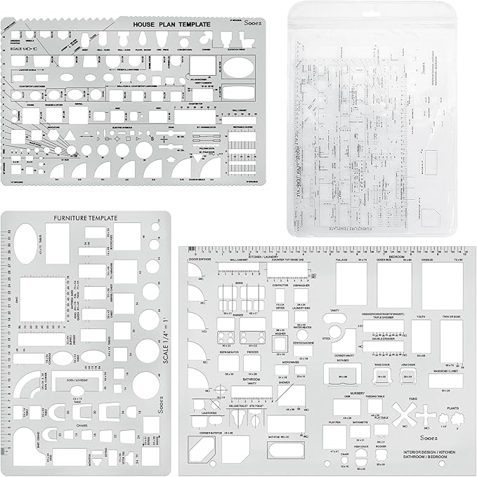 Sooez Architectural Templates, House Plan, Interior Design and Furniture Template, Drafting Tools and Supplies - Set of 3