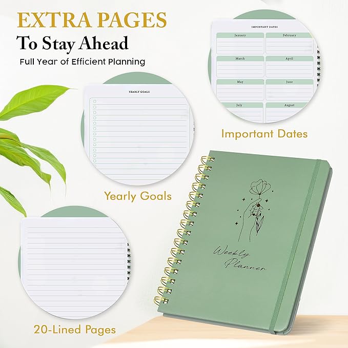 Undated Weekly Planner & Notebook for Work, School & Home - Aesthetic Hardcover Spiral Blank Planner with Habit Tracker, Goal Organizer & To Do List - 124 No-Bleed Pages, 6.4×8.5", Green