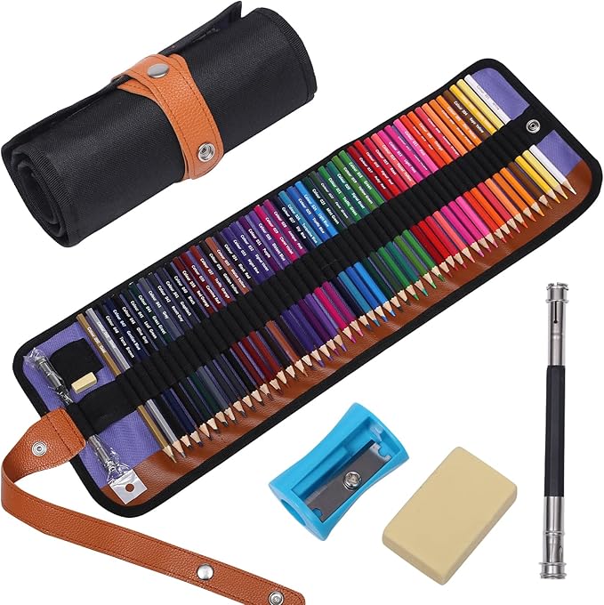 50 Colored Pencils Set with Roll Up Canvas Case for Adult Coloring Books, Drawing, Sketching, Pretty Gift
