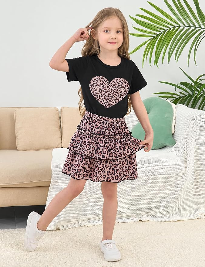 Little Girls Skirt Set - 2 Piece Short Sleeve Top Shirred Tiered Skirt Outfit Girls Spring Summer Clothes 3-8 Years