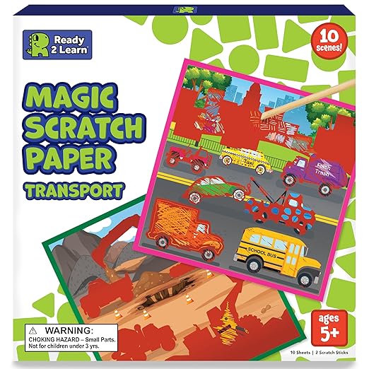 READY 2 LEARN Magic Scratch Paper - Transport - 10 Vibrant Scenes - Scratch Art for Kids - Reveal Colorful, Travel Designs