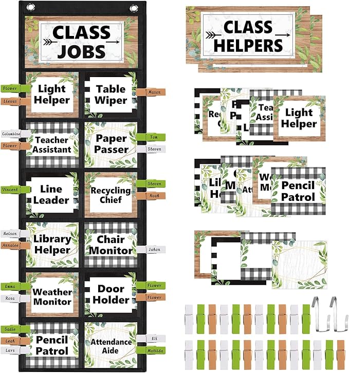 Pasimy Plant Class Jobs Pocket Chart Class Helpers Pocket Chart Classroom Jobs Cards with Clips and Hooks Teacher's Helper Bulletin Board Set for Back to School Classroom Teacher Supplies