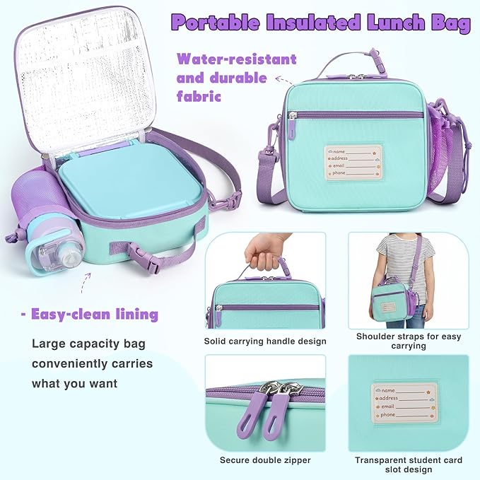 Bento Lunch Box for Kids with 7oz Soup Thermo,Insulated Stainless Steel Kids Water Bottle with Straw and Insulated Lunch Bag,Leak-Proof Lunch Food Container with Ice Pack for School (Purple)