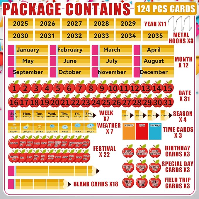 Weysat 128 Pcs Classroom Calendar Pocket Chart Set Calendar Bulletin Board with Pocket Bulletin Board Season Festival Weather Date Chart for Preschool Elementary School Teacher Supplies (Pencil)