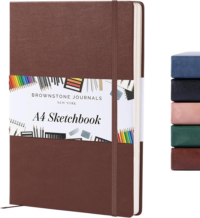 BROWNSTONE JOURNALS A4 Sketch Book Hardcover - 80 Sheets 100 GSM Paper 8.5"x11.5", Lay Flat, Vegan Leather Cover, Elastic Band, Back Pocket, Art Drawing Book (Chestnut Brown)